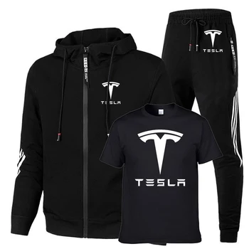 Висококачествени Ежедневни мъжки якета с Логото на автомобил Tesla, Пролетно-есенна Памучен мъжки яке + пуловер + панталон, Костюм от три части