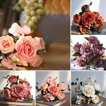 1 Букет Копринени Рози От Изкуствени Цветя Фалшив Сватбен Букет Домашен Празничен Декор За Сватба, Булчински Букети