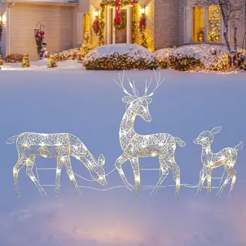 Семейство елен Осветен 2D Елен Коледен декор с led крушки, осветява елен, сърна и светлобежов на закрито или на открито