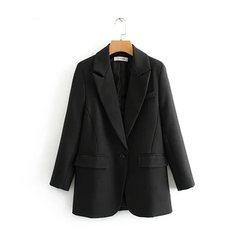 модерен женски черен костюм, сако с дълъг ръкав и джоб, офис женски бизнес палта, дамски ретро върховете DA45