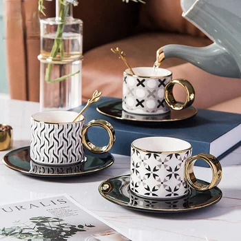 Скандинавска креативна геометрична керамични кафеена чаша златна чаша с о-образна дръжка за лесен модерен комплект чаши кафе