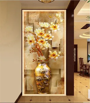 Новата китайска цветна дърворезба, 3d голяма фреска бутилка магнолия входния пропуск на фона на тапети хотел съдържания коридор тапети