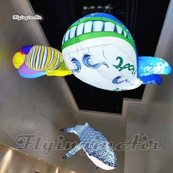 Висящи въздух модели на животното море карикатура балон кит LED синьо раздувной 4m раздувной животински надува нагоре морска риба, за да украси мястото на