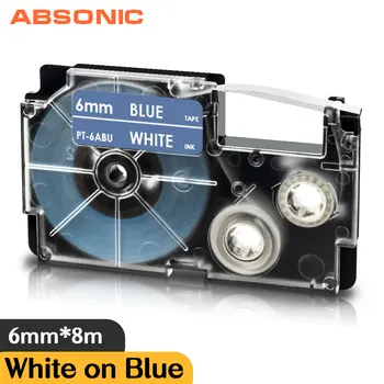 Лента за Етикети 6 мм, Съвместими с Casio Label Maker XR-6ABU XR6ABU, Бяла на синята Лента за принтер Casio Label Maker KL-G2 KL-130 KL-60