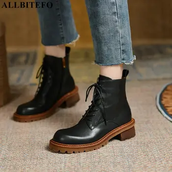 ALLBITEFO/размери 33-40, модни дамски обувки на дебела подметка от естествена кожа, есен-зима офис работна обувки, Ботильоны