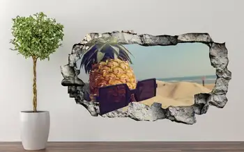 Ананас на плажа 3D Стикер на стената с ефект на унищожаване - Стикер на счупената стена - Винил декорация за стени - Стикери за стени - Етикети 3D Effe