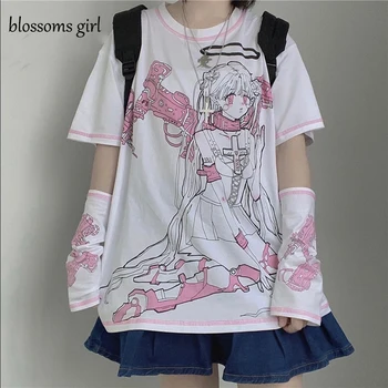 Аниме Harajuku градинска ръчна тениска с принтом ангел, тениска с къс ръкав, дамски дрехи, Летни сладки бели върхове с кръгло деколте за момичета, тениска