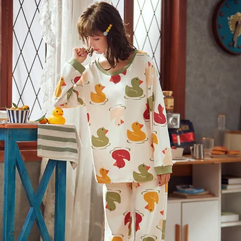 Пролетно-есенни женски Сладки Мультяшные Тънка Пижама с дълги ръкави, домашен Безплатен Комплект Пижам