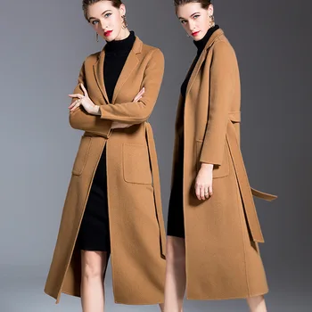 дълги вълнени смеси кашмир палта за жени 2019 есен зима дамски якета плюс размера на палтото двупосочен кафе тънък колан
