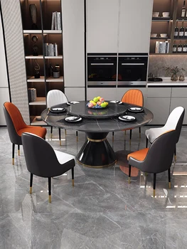 Висококачествен италиански лесен луксозна маса за хранене от каменна плоча, на кръгла маса, въртяща маса, модерна проста комбинация от масата за хранене и стол